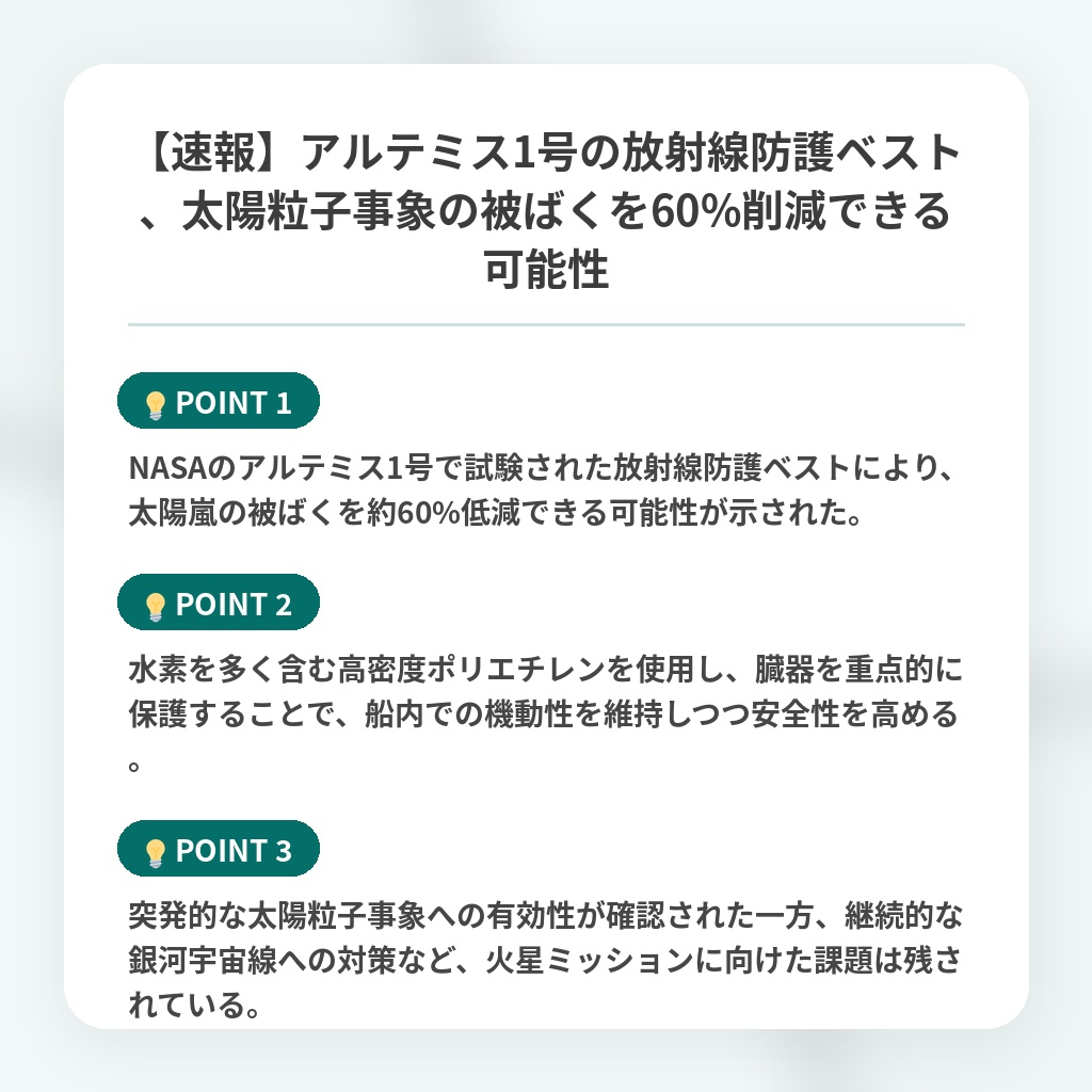 【速報】アルテミス1号の放射線防護ベスト、太陽粒子事象の被ばくを60%削減できる可能性の注目ポイントまとめ