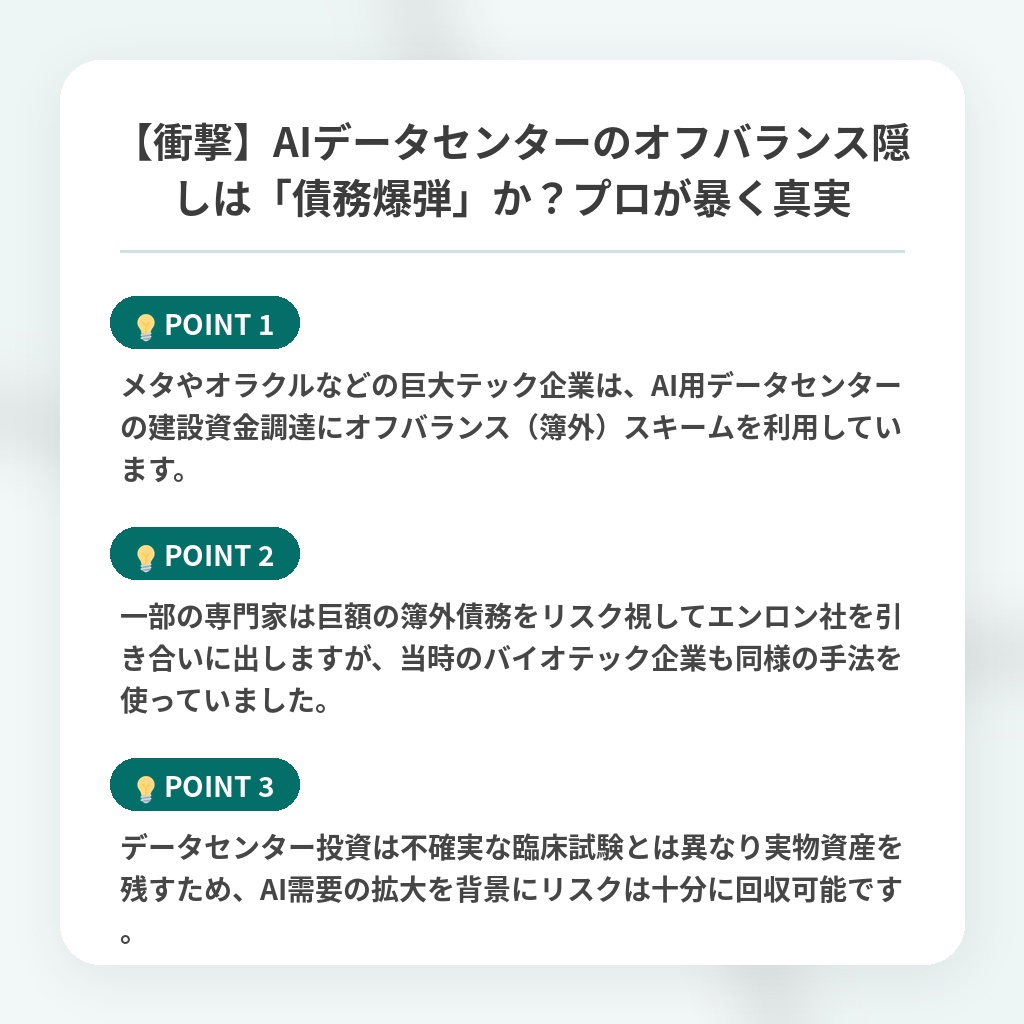 【衝撃】AIデータセンターのオフバランス隠しは「債務爆弾」か?プロが暴く真実の注目ポイントまとめ