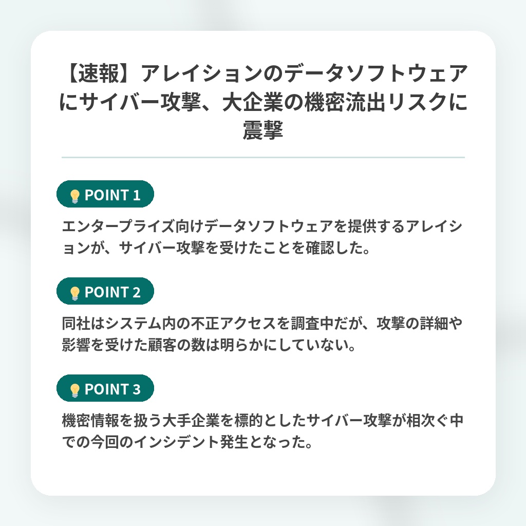【速報】アレイションのデータソフトウェアにサイバー攻撃、大企業の機密流出リスクに震撃の注目ポイントまとめ
