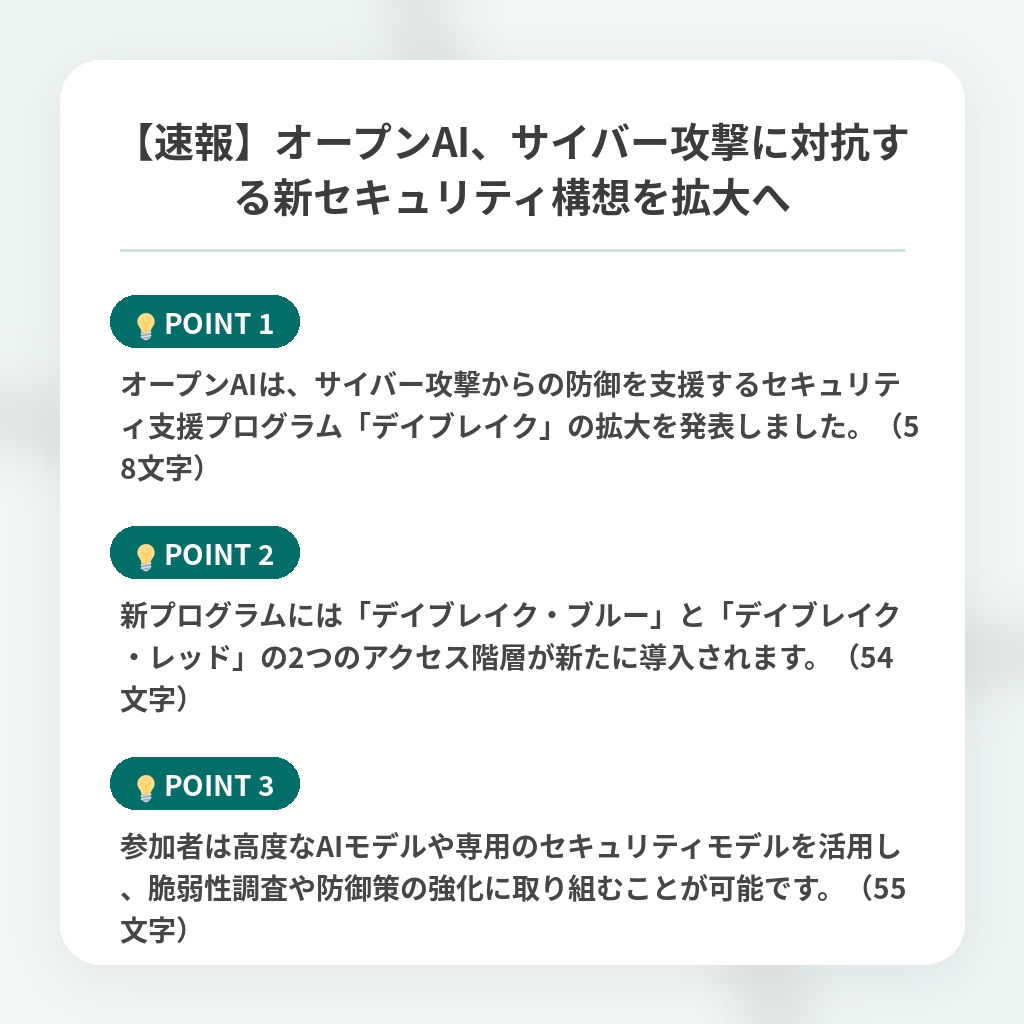 【速報】オープンAI、サイバー攻撃に対抗する新セキュリティ構想を拡大への注目ポイントまとめ