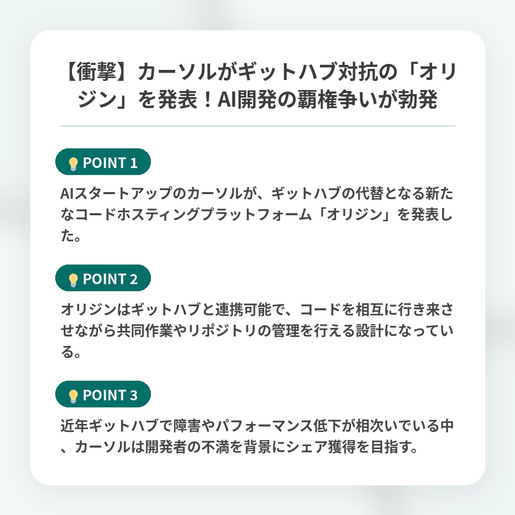 【衝撃】カーソルがギットハブ対抗の「オリジン」を発表！AI開発の覇権争いが勃発の注目ポイントまとめ