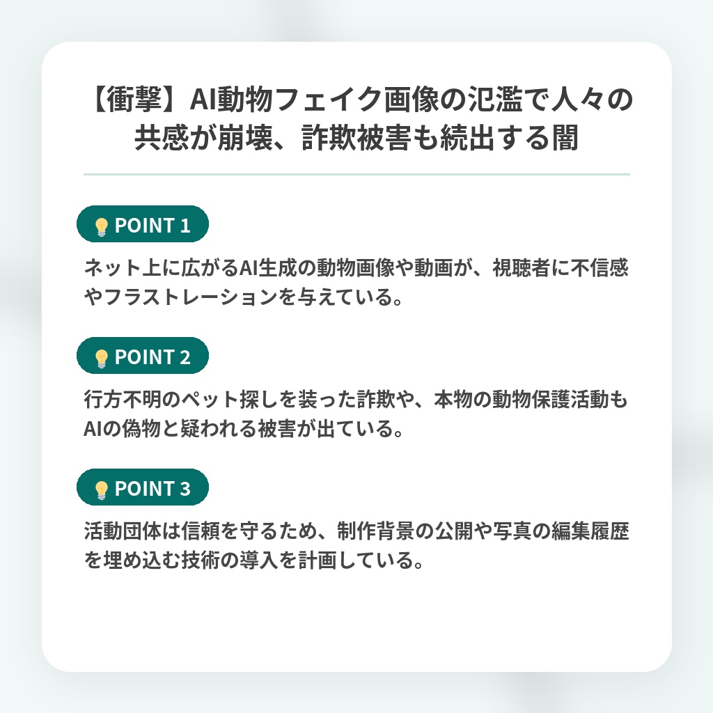 【衝撃】AI動物フェイク画像の氾濫で人々の共感が崩壊、詐欺被害も続出する闇の注目ポイントまとめ