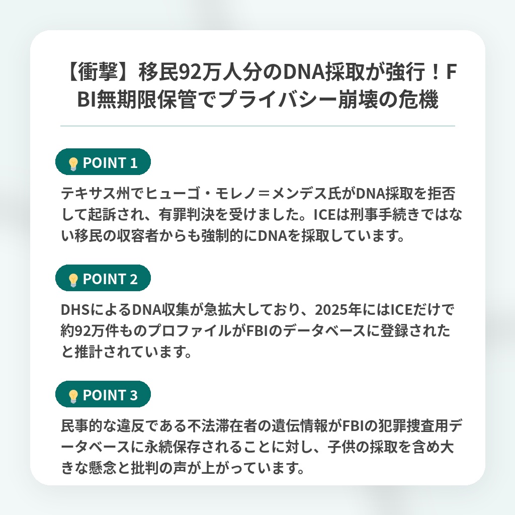 【衝撃】移民92万人分のDNA採取が強行!FBI無期限保管でプライバシー崩壊の危機の注目ポイントまとめ