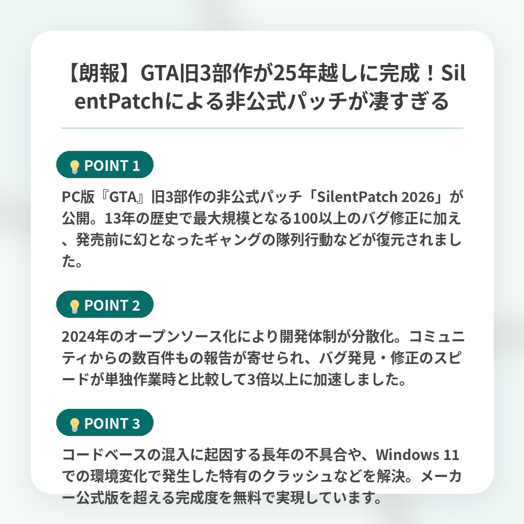 【朗報】GTA旧3部作が25年越しに完成!SilentPatchによる非公式パッチが凄すぎるの注目ポイントまとめ