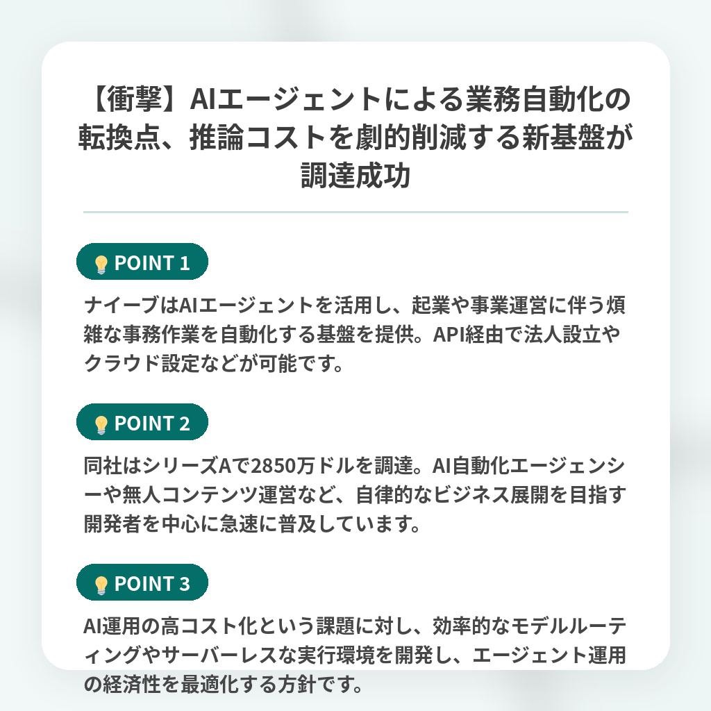 【衝撃】AIエージェントによる業務自動化の転換点、推論コストを劇的削減する新基盤が調達成功の注目ポイントまとめ