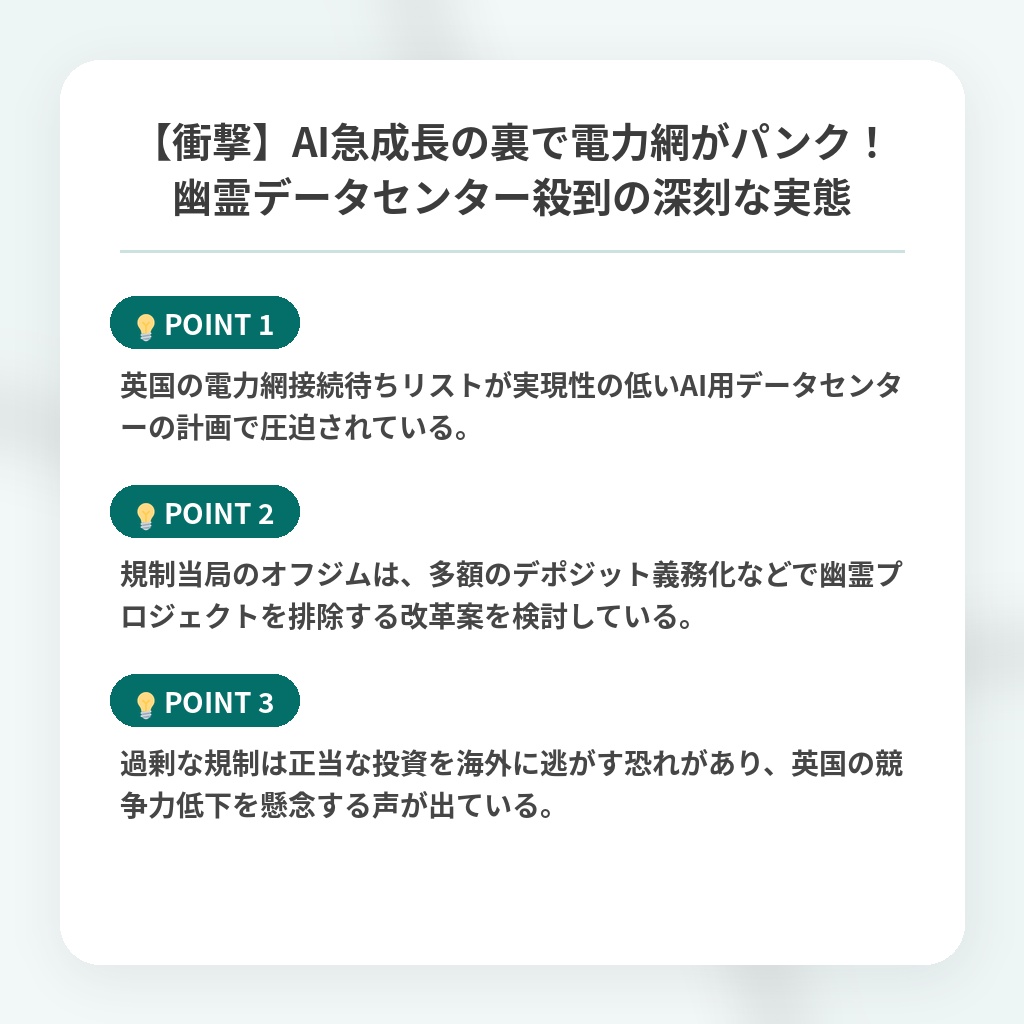 【衝撃】AI急成長の裏で電力網がパンク！幽霊データセンター殺到の深刻な実態の注目ポイントまとめ