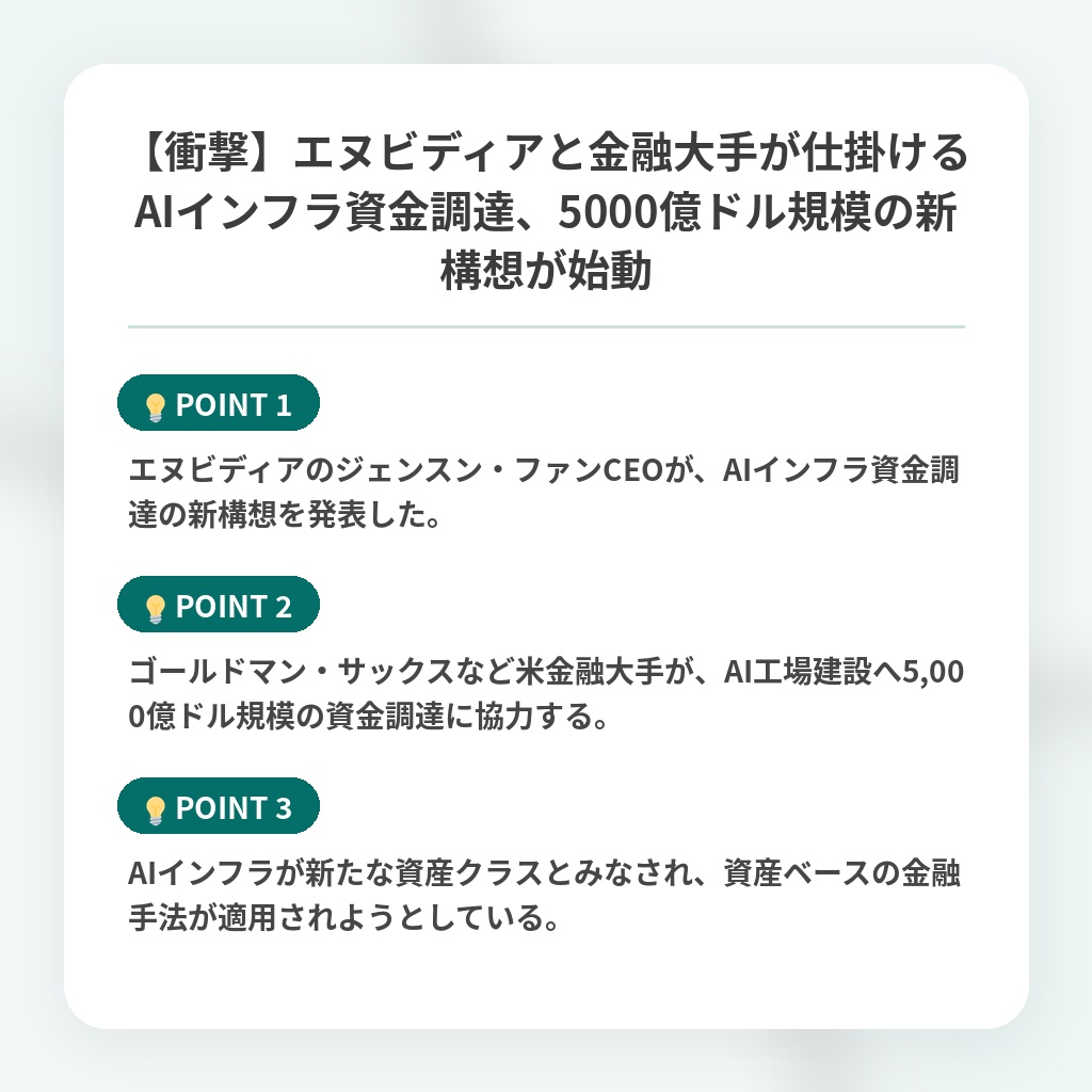 【衝撃】エヌビディアと金融大手が仕掛けるAIインフラ資金調達、5000億ドル規模の新構想が始動の注目ポイントまとめ