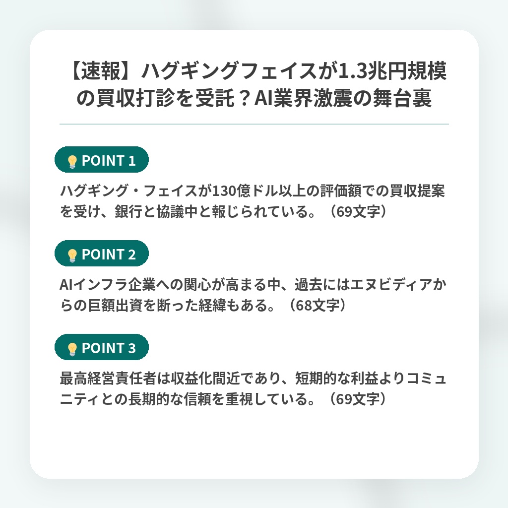 【速報】ハグギングフェイスが1.3兆円規模の買収打診を受託？AI業界激震の舞台裏の注目ポイントまとめ
