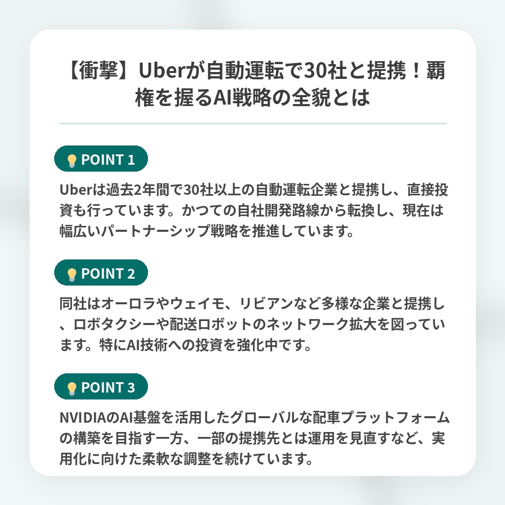 【衝撃】Uberが自動運転で30社と提携!覇権を握るAI戦略の全貌とはの注目ポイントまとめ
