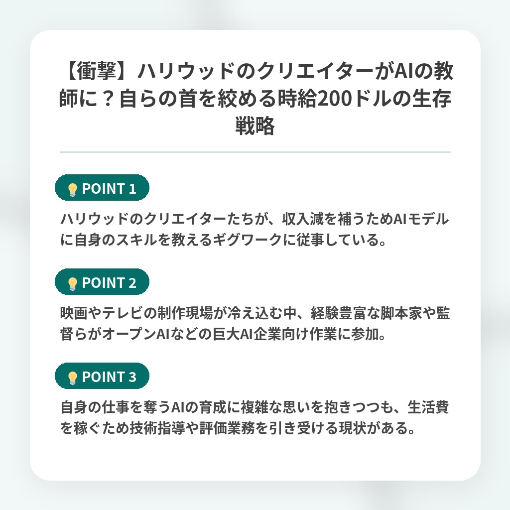 【衝撃】ハリウッドのクリエイターがAIの教師に？自らの首を絞める時給200ドルの生存戦略の注目ポイントまとめ