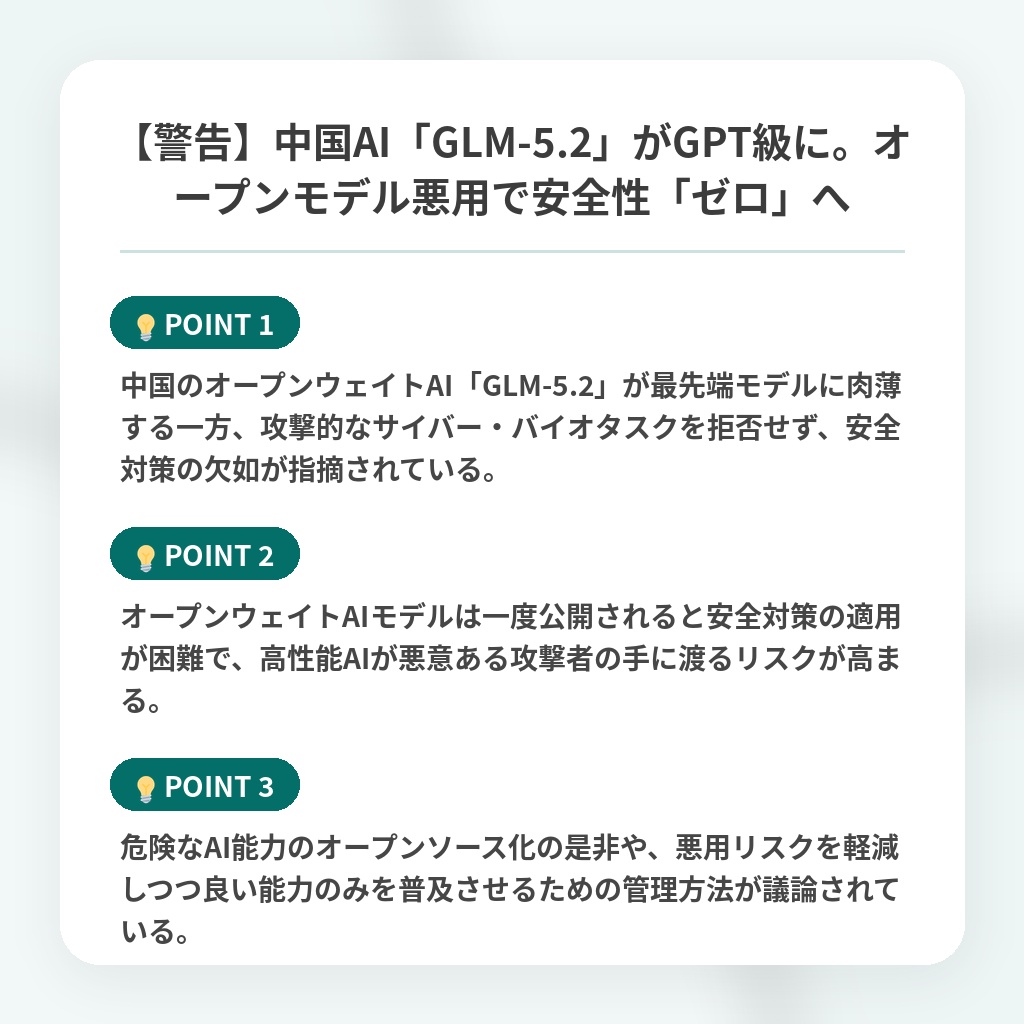 【警告】中国AI「GLM-5.2」がGPT級に。オープンモデル悪用で安全性「ゼロ」への注目ポイントまとめ