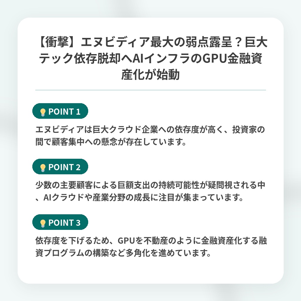 【衝撃】エヌビディア最大の弱点露呈?巨大テック依存脱却へAIインフラのGPU金融資産化が始動の注目ポイントまとめ