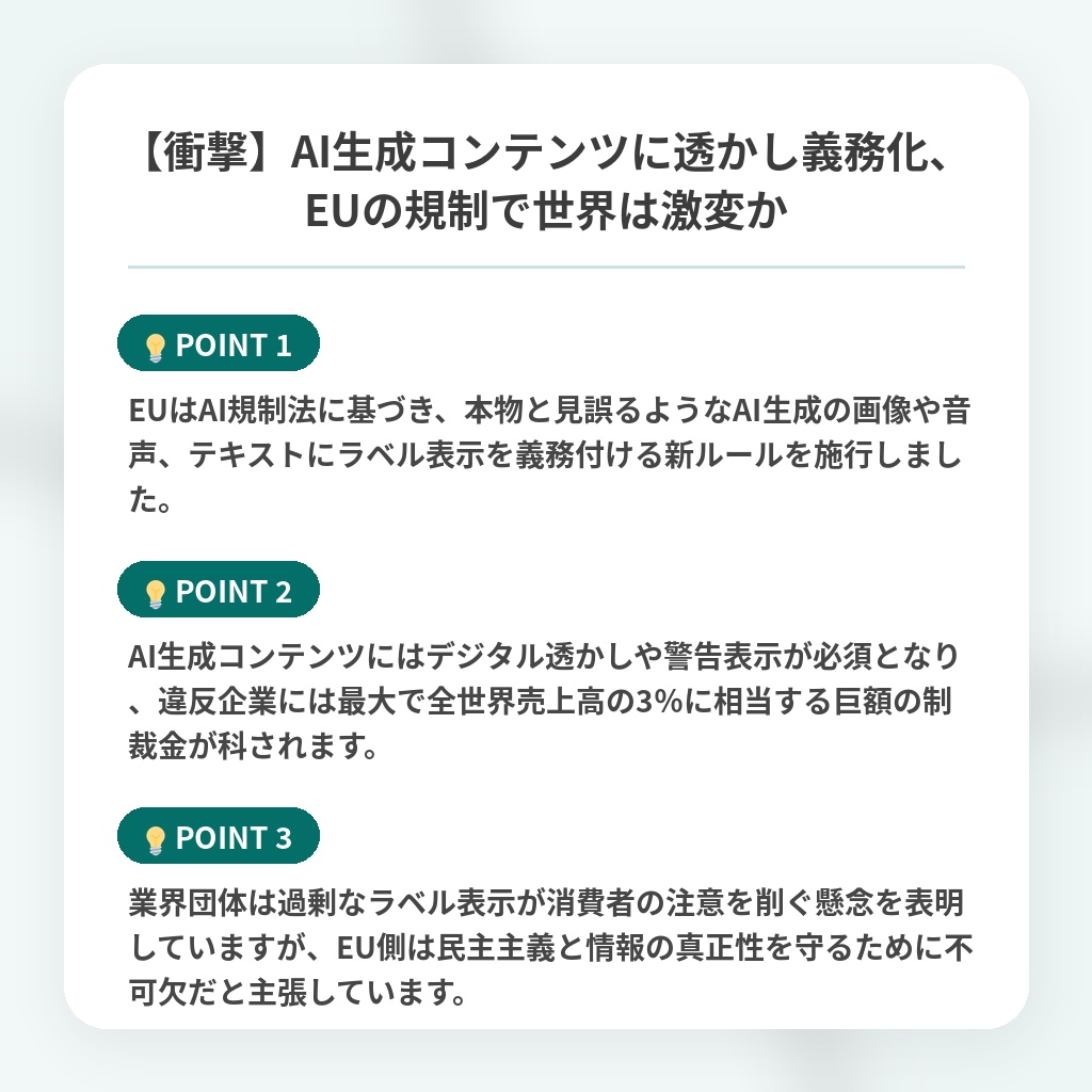 【衝撃】AI生成コンテンツに透かし義務化、EUの規制で世界は激変かの注目ポイントまとめ