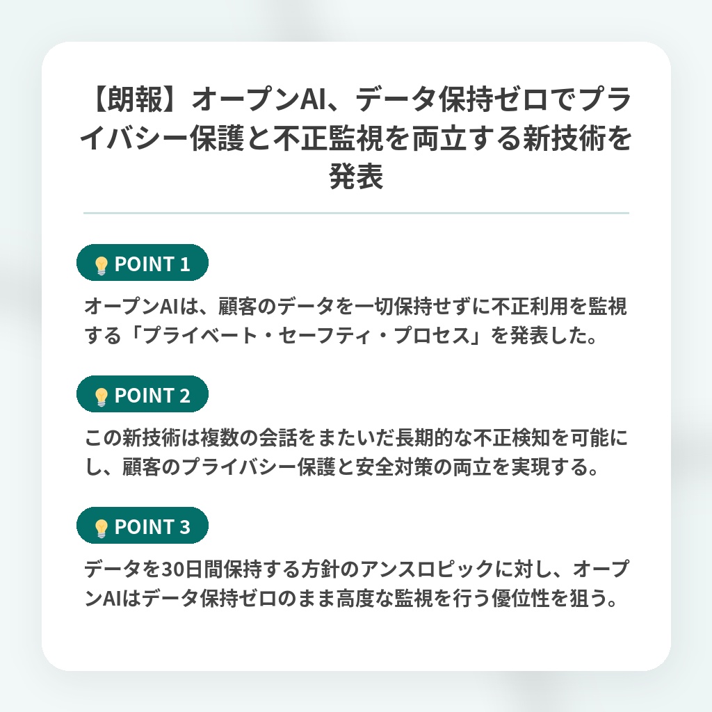 【朗報】オープンAI、データ保持ゼロでプライバシー保護と不正監視を両立する新技術を発表の注目ポイントまとめ