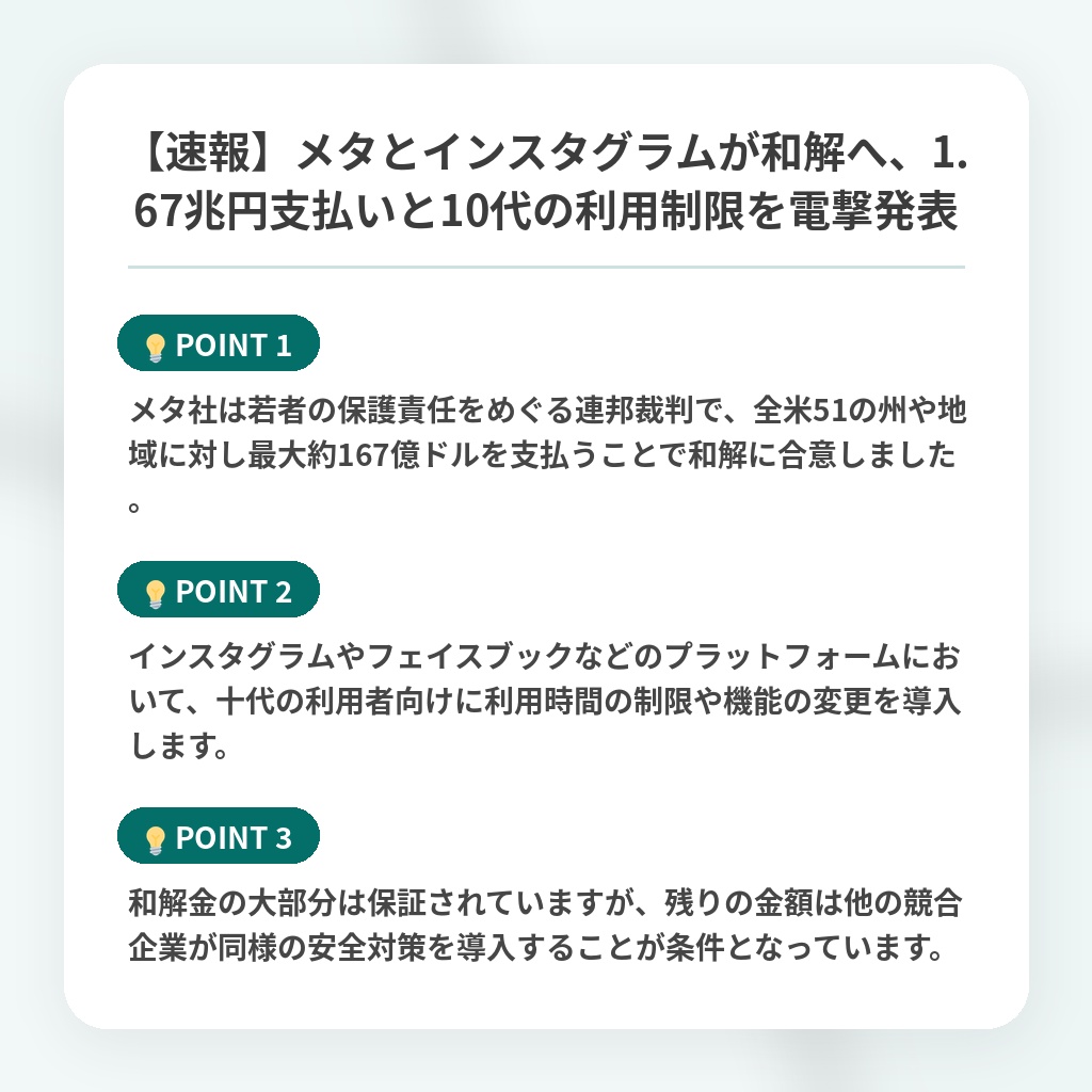 【速報】メタとインスタグラムが和解へ、1.67兆円支払いと10代の利用制限を電撃発表の注目ポイントまとめ
