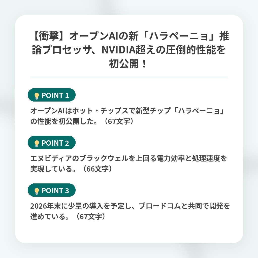 【衝撃】オープンAIの新「ハラペーニョ」推論プロセッサ、NVIDIA超えの圧倒的性能を初公開！の注目ポイントまとめ