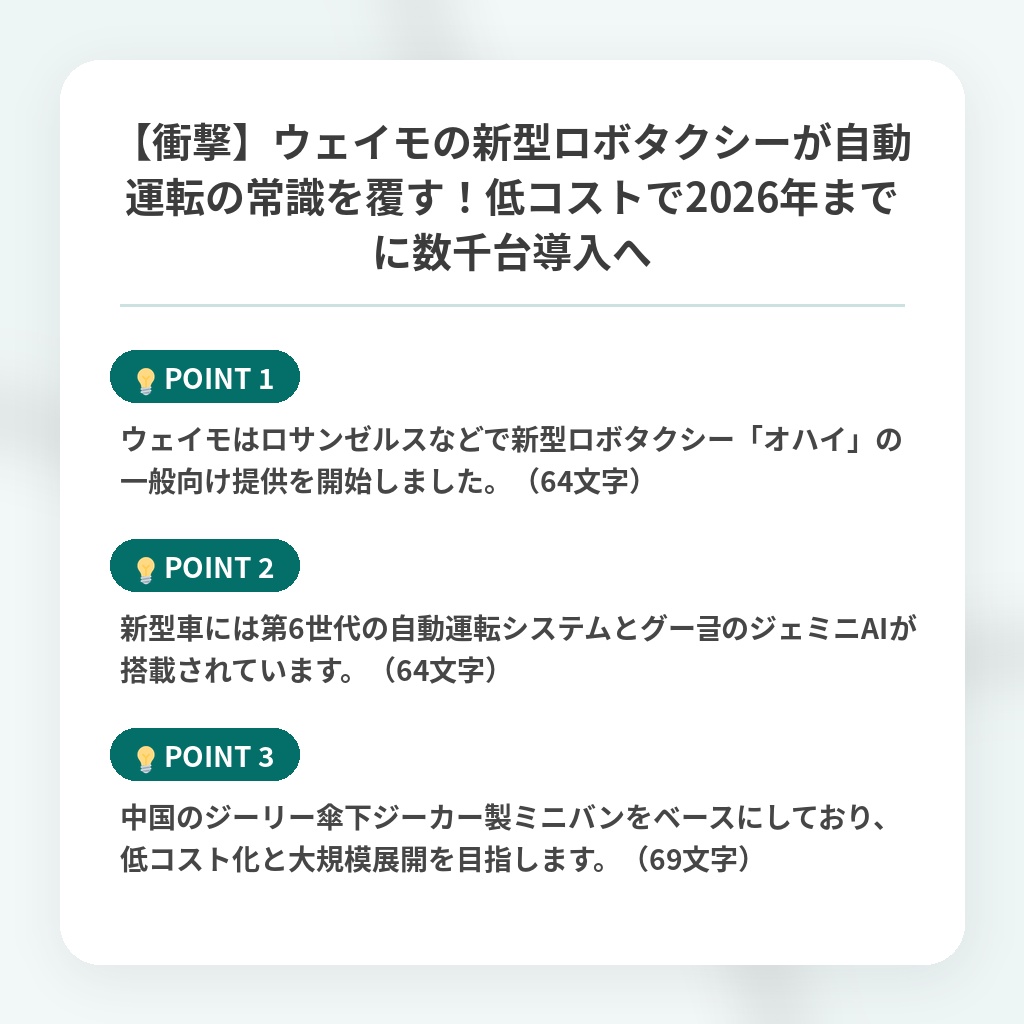 【衝撃】ウェイモの新型ロボタクシーが自動運転の常識を覆す!低コストで2026年までに数千台導入への注目ポイントまとめ