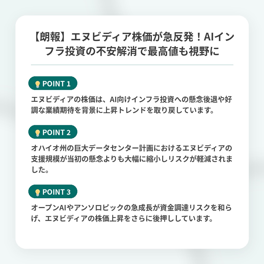 【朗報】エヌビディア株価が急反発！AIインフラ投資の不安解消で最高値も視野にの注目ポイントまとめ
