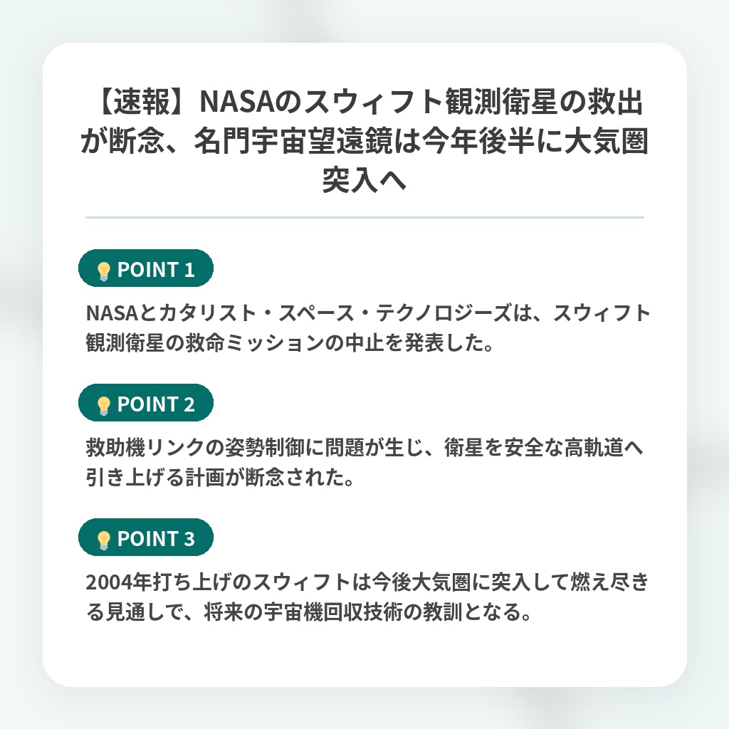 【速報】NASAのスウィフト観測衛星の救出が断念、名門宇宙望遠鏡は今年後半に大気圏突入への注目ポイントまとめ