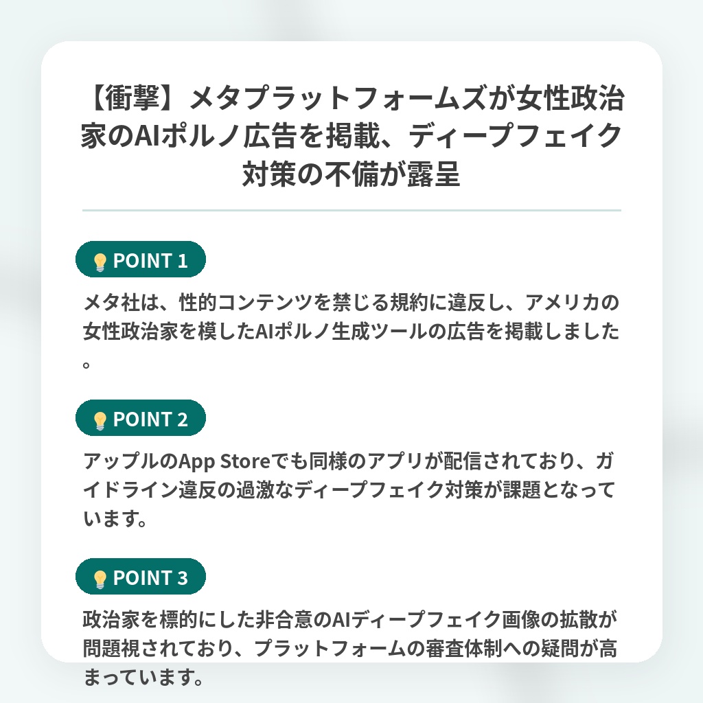 【衝撃】メタプラットフォームズが女性政治家のAIポルノ広告を掲載、ディープフェイク対策の不備が露呈の注目ポイントまとめ