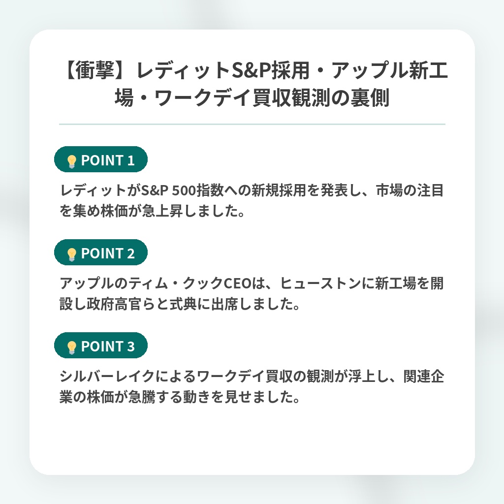 【衝撃】レディットS&P採用・アップル新工場・ワークデイ買収観測の裏側の注目ポイントまとめ