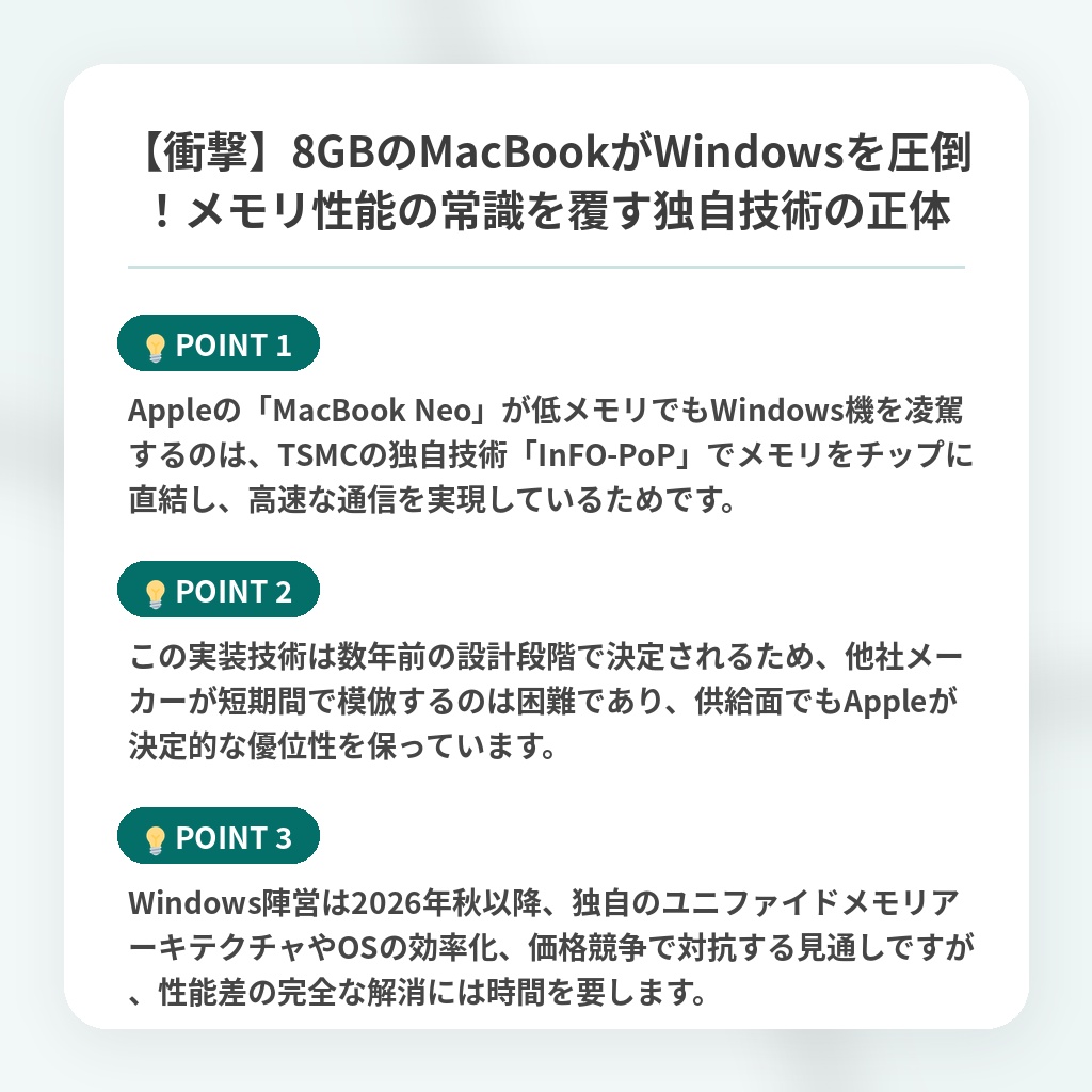 【衝撃】8GBのMacBookがWindowsを圧倒!メモリ性能の常識を覆す独自技術の正体の注目ポイントまとめ