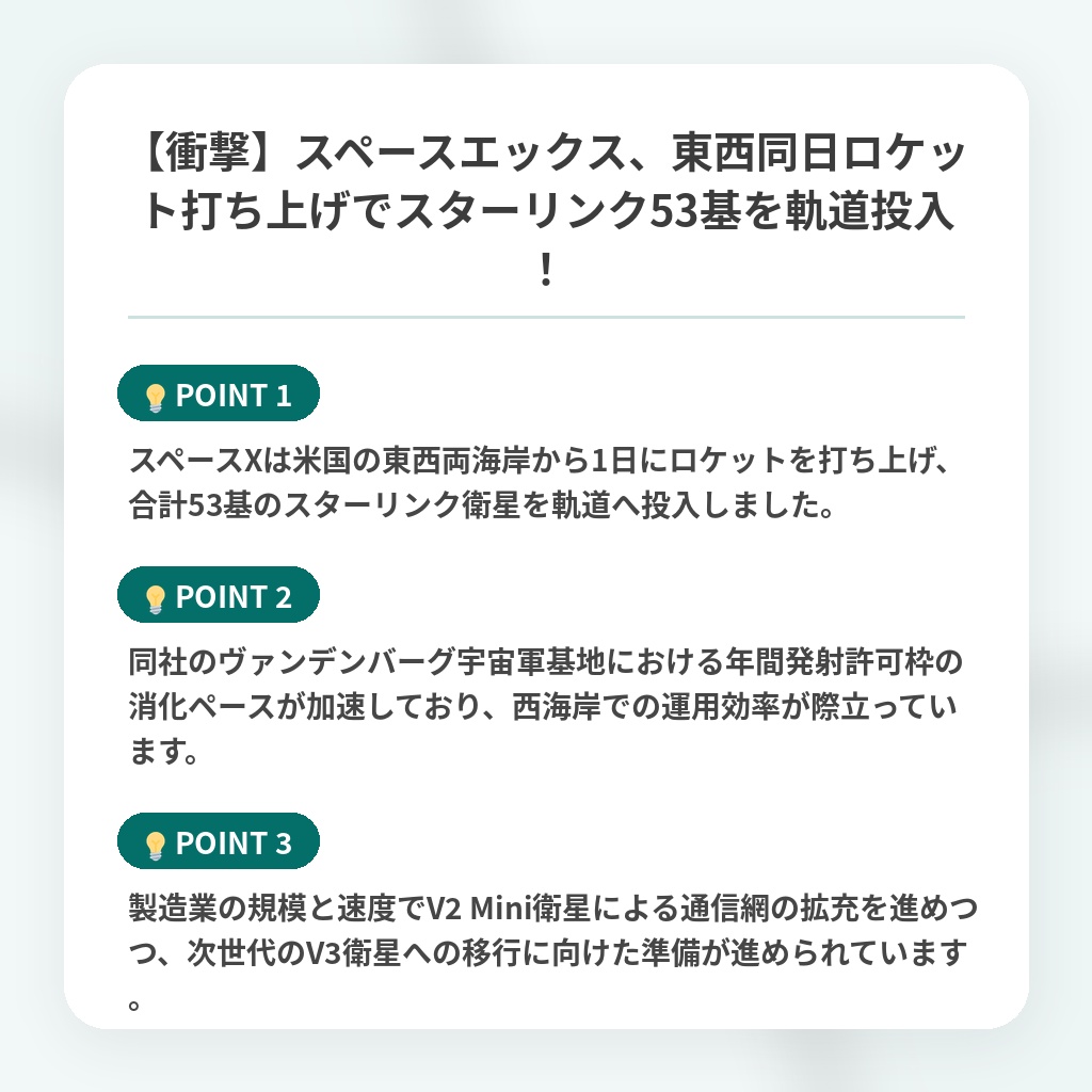 【衝撃】スペースエックス、東西同日ロケット打ち上げでスターリンク53基を軌道投入！の注目ポイントまとめ