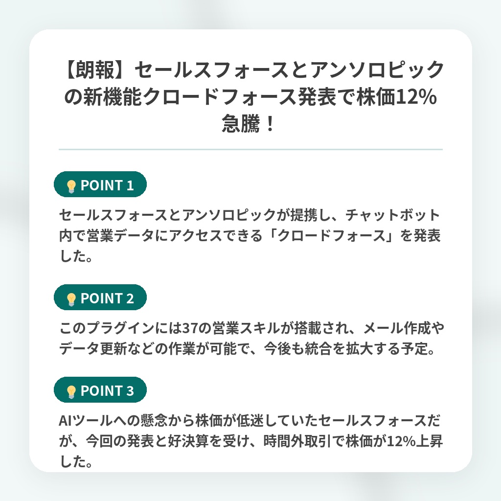 【朗報】セールスフォースとアンソロピックの新機能クロードフォース発表で株価12%急騰！の注目ポイントまとめ