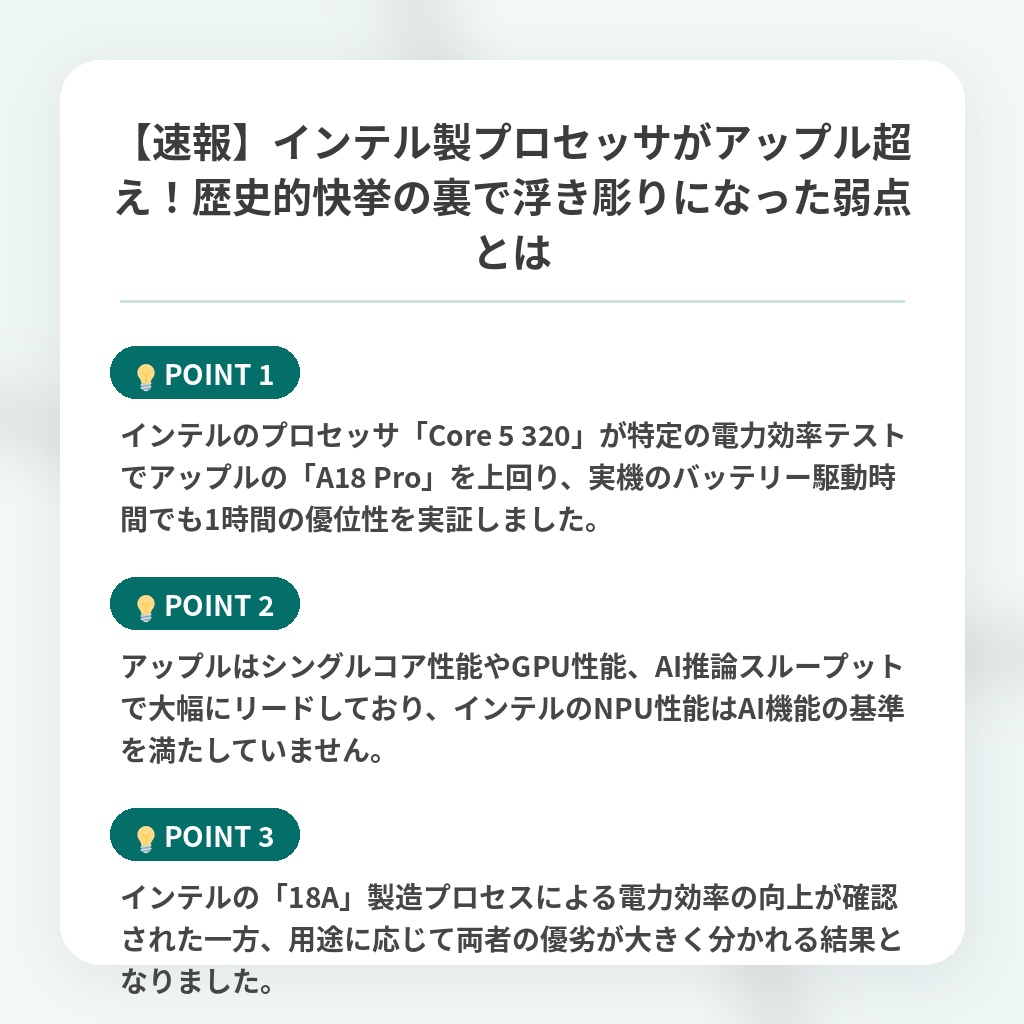 【速報】インテル製プロセッサがアップル超え!歴史的快挙の裏で浮き彫りになった弱点とはの注目ポイントまとめ