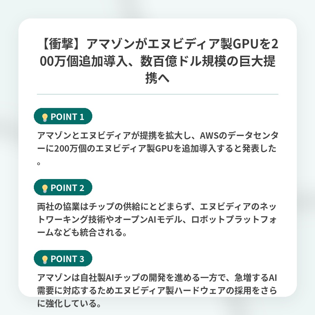 【衝撃】アマゾンがエヌビディア製GPUを200万個追加導入、数百億ドル規模の巨大提携への注目ポイントまとめ