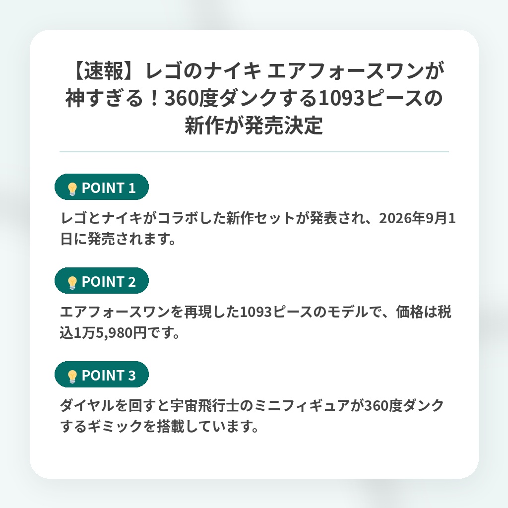 【速報】レゴのナイキ エアフォースワンが神すぎる！360度ダンクする1093ピースの新作が発売決定の注目ポイントまとめ