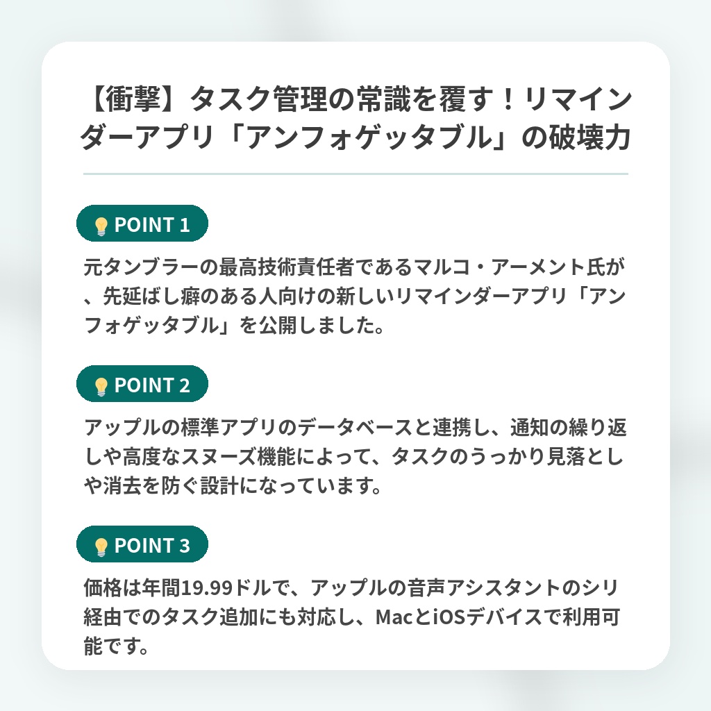 【衝撃】タスク管理の常識を覆す！リマインダーアプリ「アンフォゲッタブル」の破壊力の注目ポイントまとめ