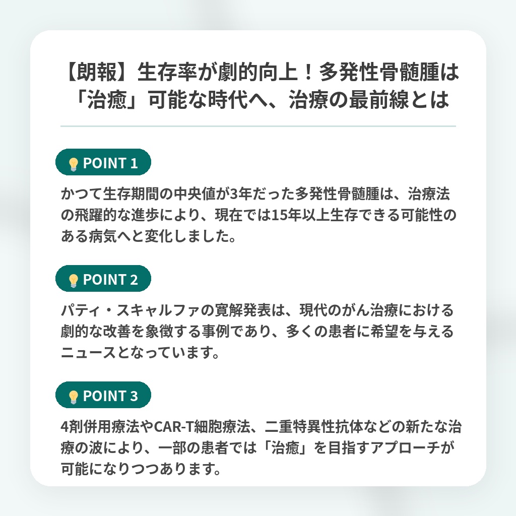 【朗報】生存率が劇的向上!多発性骨髄腫は「治癒」可能な時代へ、治療の最前線とはの注目ポイントまとめ