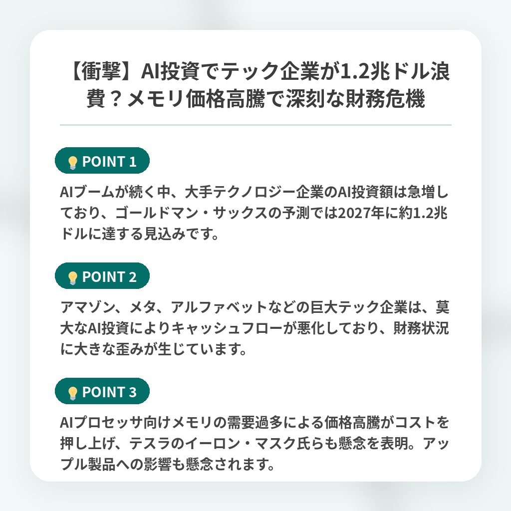 【衝撃】AI投資でテック企業が1.2兆ドル浪費?メモリ価格高騰で深刻な財務危機の注目ポイントまとめ