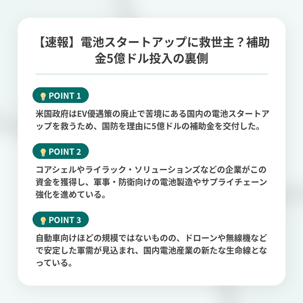 【速報】電池スタートアップに救世主？補助金5億ドル投入の裏側の注目ポイントまとめ