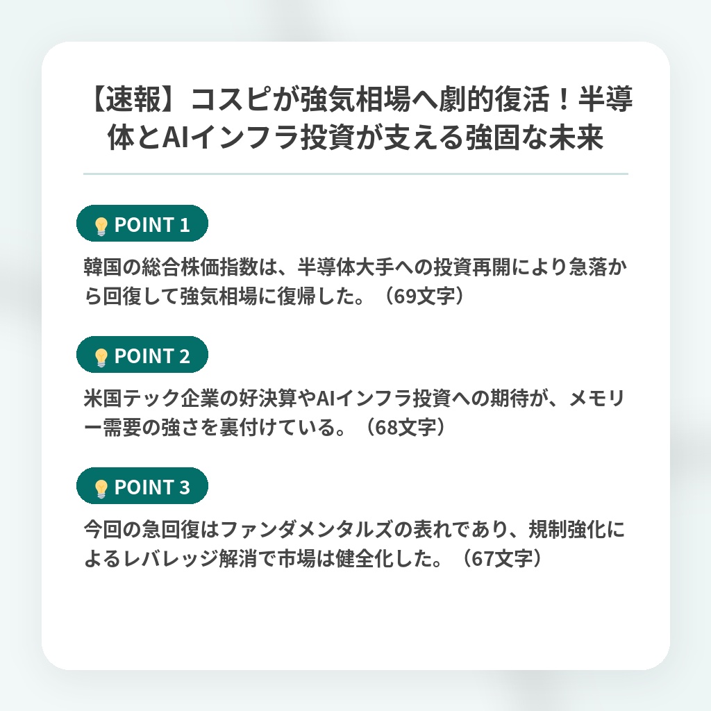 【速報】コスピが強気相場へ劇的復活！半導体とAIインフラ投資が支える強固な未来の注目ポイントまとめ