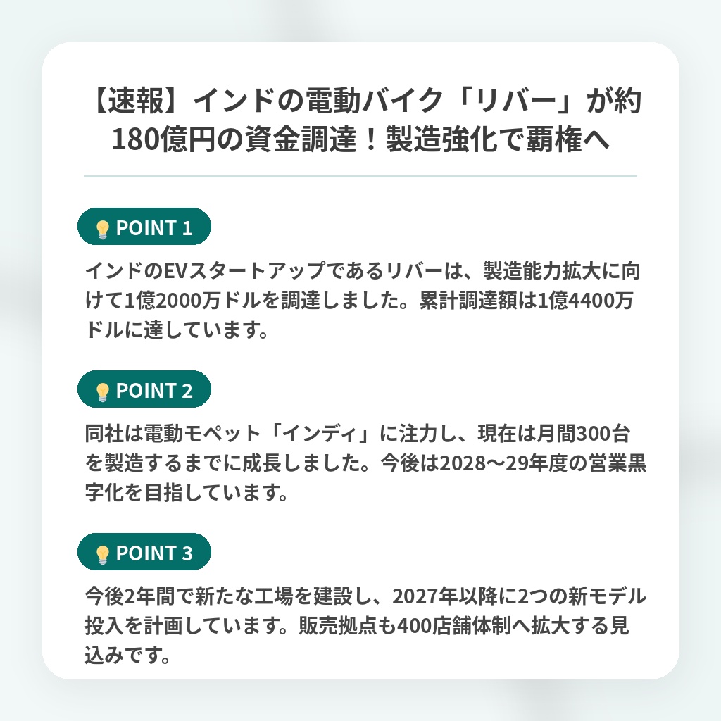 【速報】インドの電動バイク「リバー」が約180億円の資金調達!製造強化で覇権への注目ポイントまとめ
