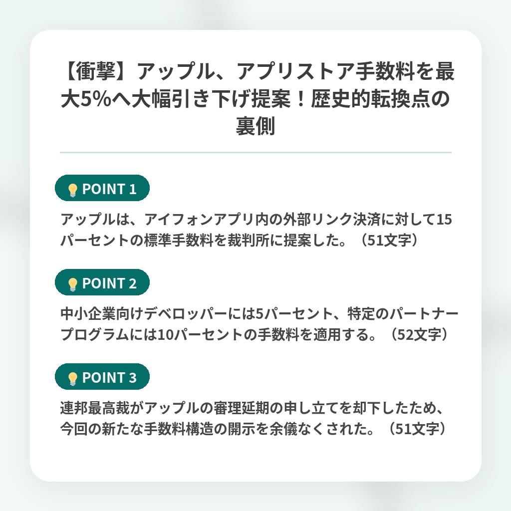 【衝撃】アップル、アプリストア手数料を最大5%へ大幅引き下げ提案！歴史的転換点の裏側の注目ポイントまとめ