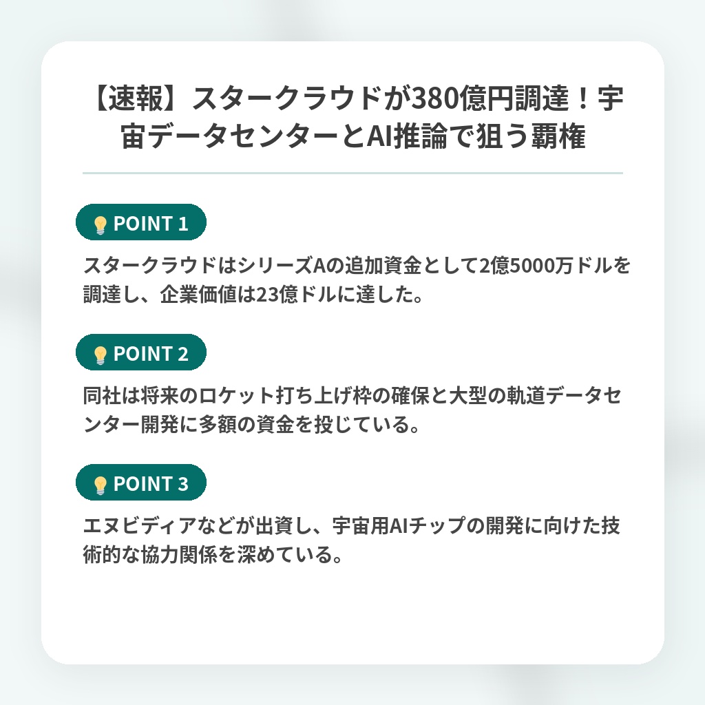 【速報】スタークラウドが380億円調達!宇宙データセンターとAI推論で狙う覇権の注目ポイントまとめ