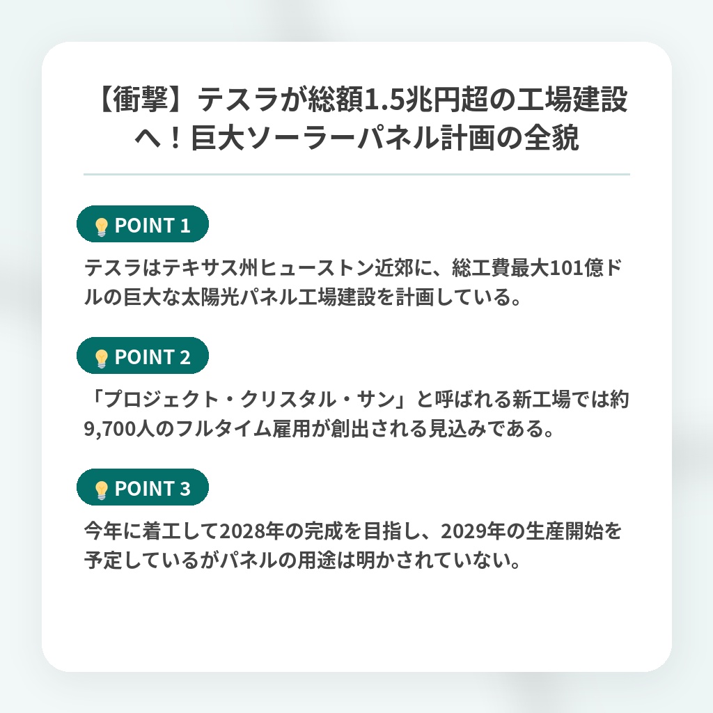 【衝撃】テスラが総額1.5兆円超の工場建設へ！巨大ソーラーパネル計画の全貌の注目ポイントまとめ