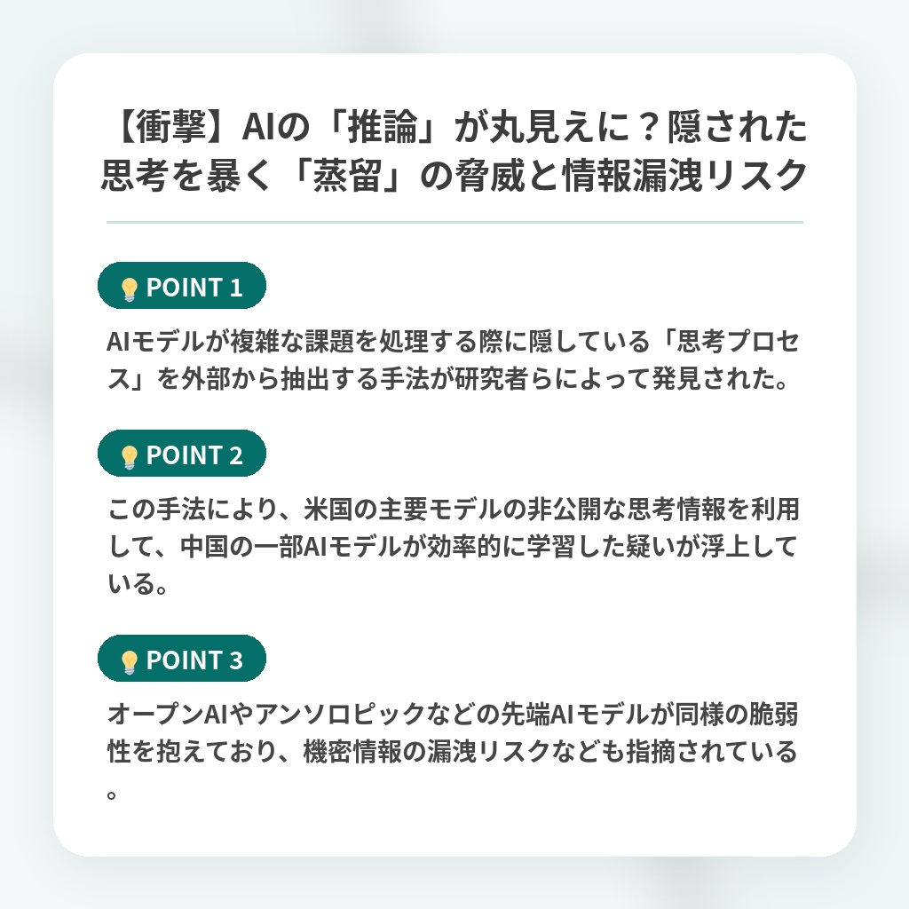 【衝撃】AIの「推論」が丸見えに？隠された思考を暴く「蒸留」の脅威と情報漏洩リスクの注目ポイントまとめ