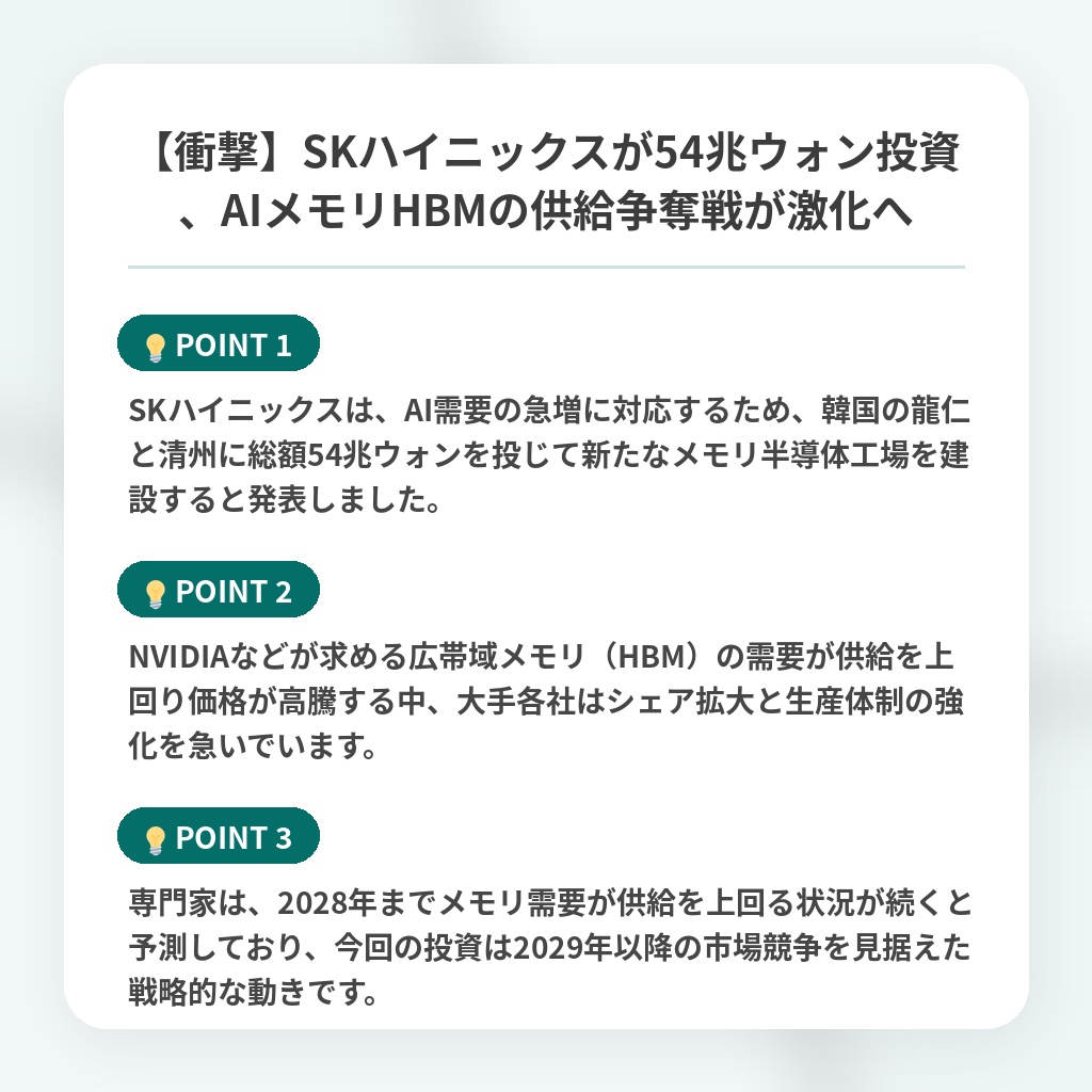 【衝撃】SKハイニックスが54兆ウォン投資、AIメモリHBMの供給争奪戦が激化への注目ポイントまとめ