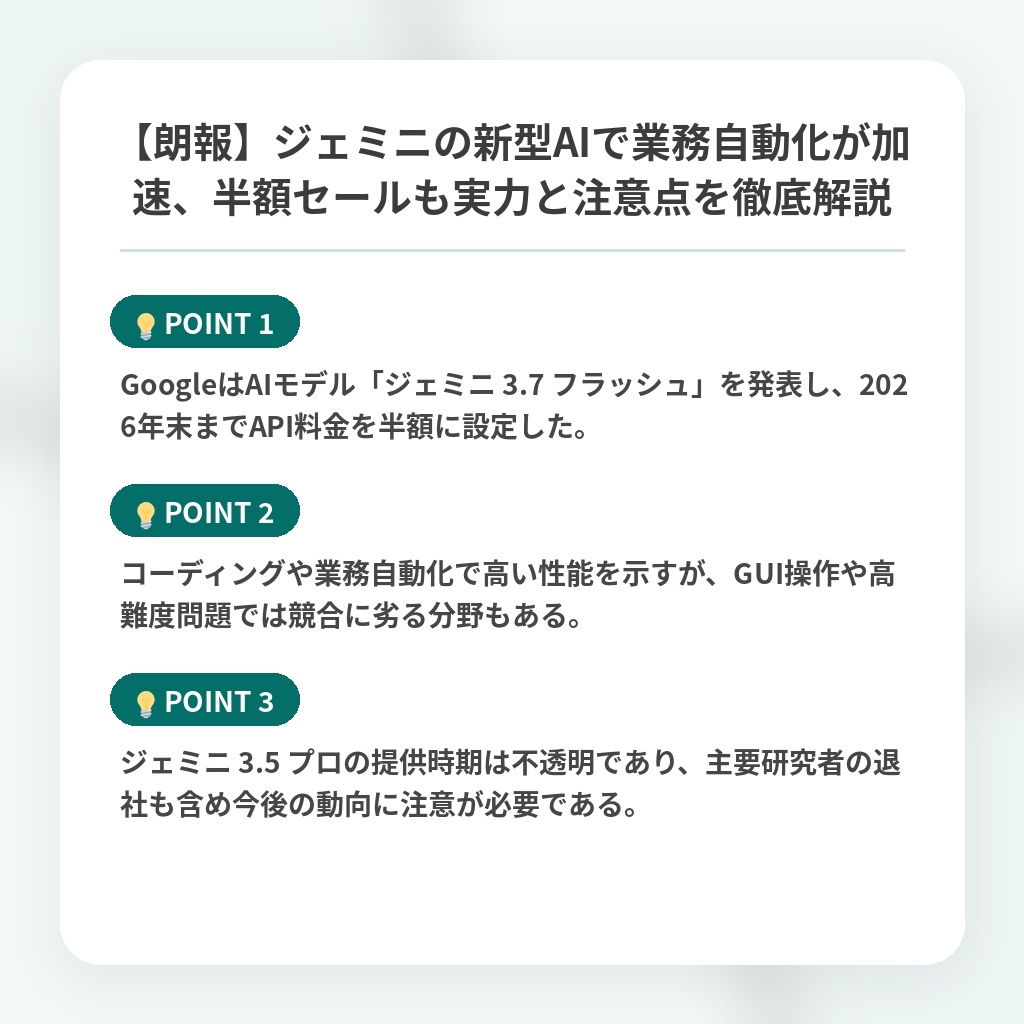 【朗報】ジェミニの新型AIで業務自動化が加速、半額セールも実力と注意点を徹底解説の注目ポイントまとめ