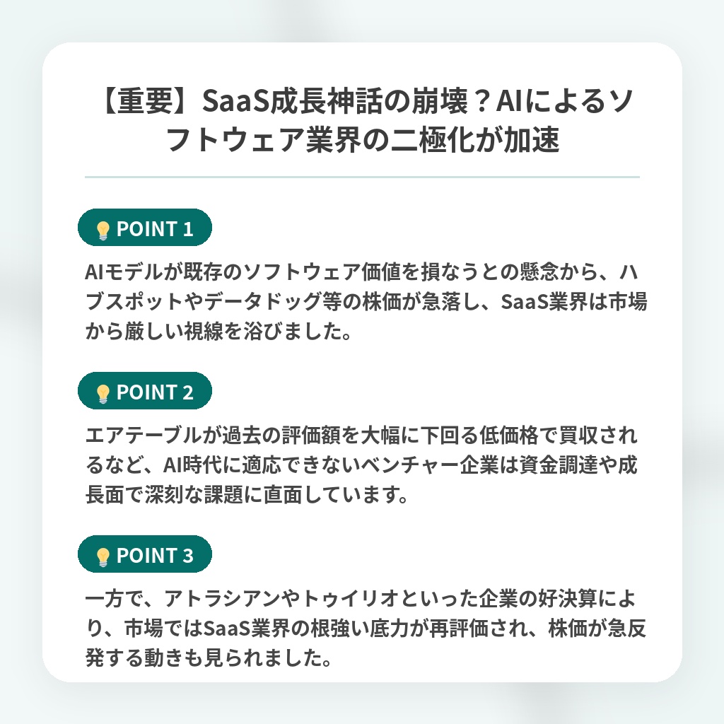 【重要】SaaS成長神話の崩壊?AIによるソフトウェア業界の二極化が加速の注目ポイントまとめ