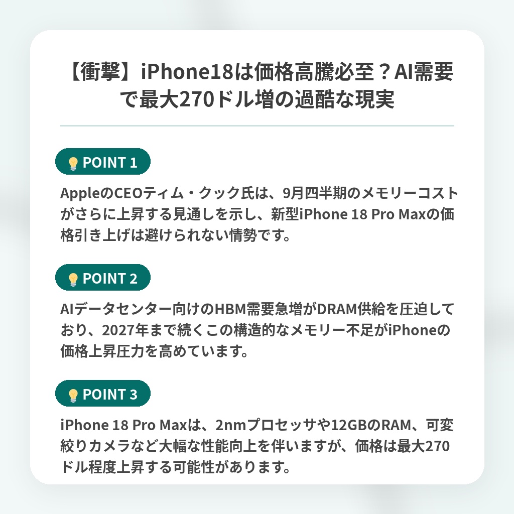 【衝撃】iPhone18は価格高騰必至?AI需要で最大270ドル増の過酷な現実の注目ポイントまとめ