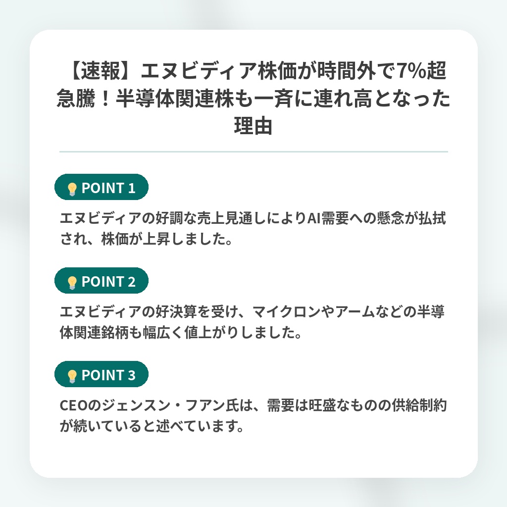 【速報】エヌビディア株価が時間外で7%超急騰!半導体関連株も一斉に連れ高となった理由の注目ポイントまとめ