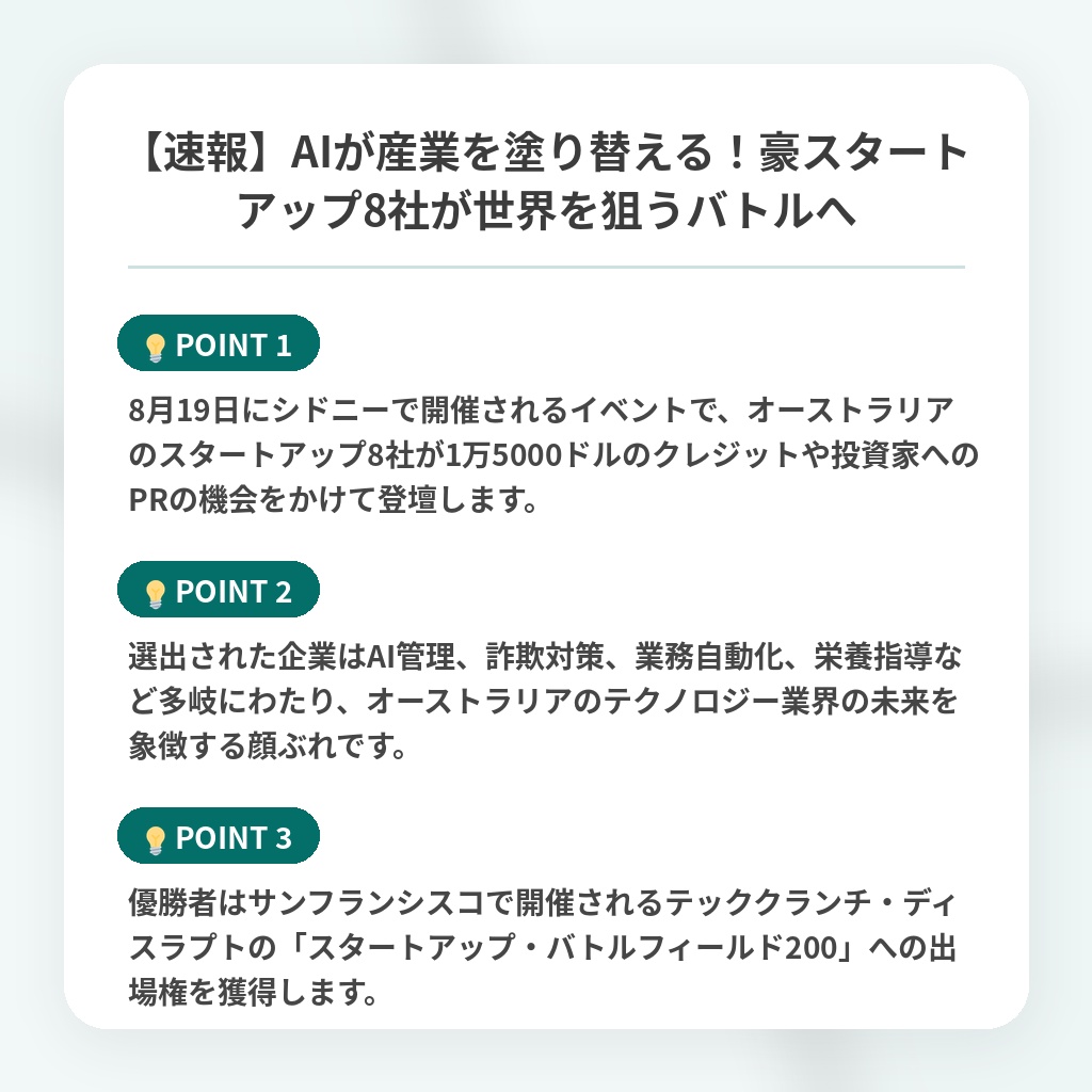 【速報】AIが産業を塗り替える!豪スタートアップ8社が世界を狙うバトルへの注目ポイントまとめ