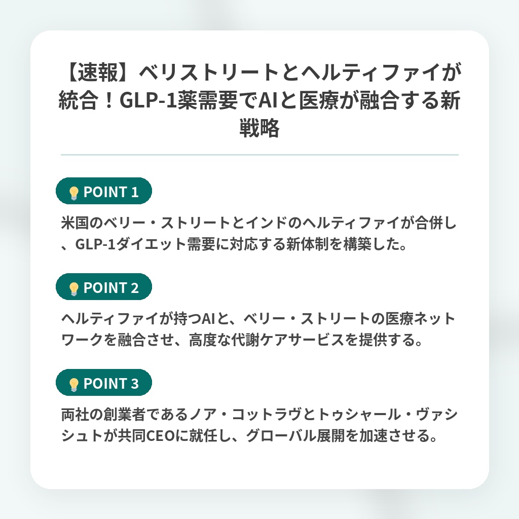 【速報】ベリストリートとヘルティファイが統合!GLP-1薬需要でAIと医療が融合する新戦略の注目ポイントまとめ