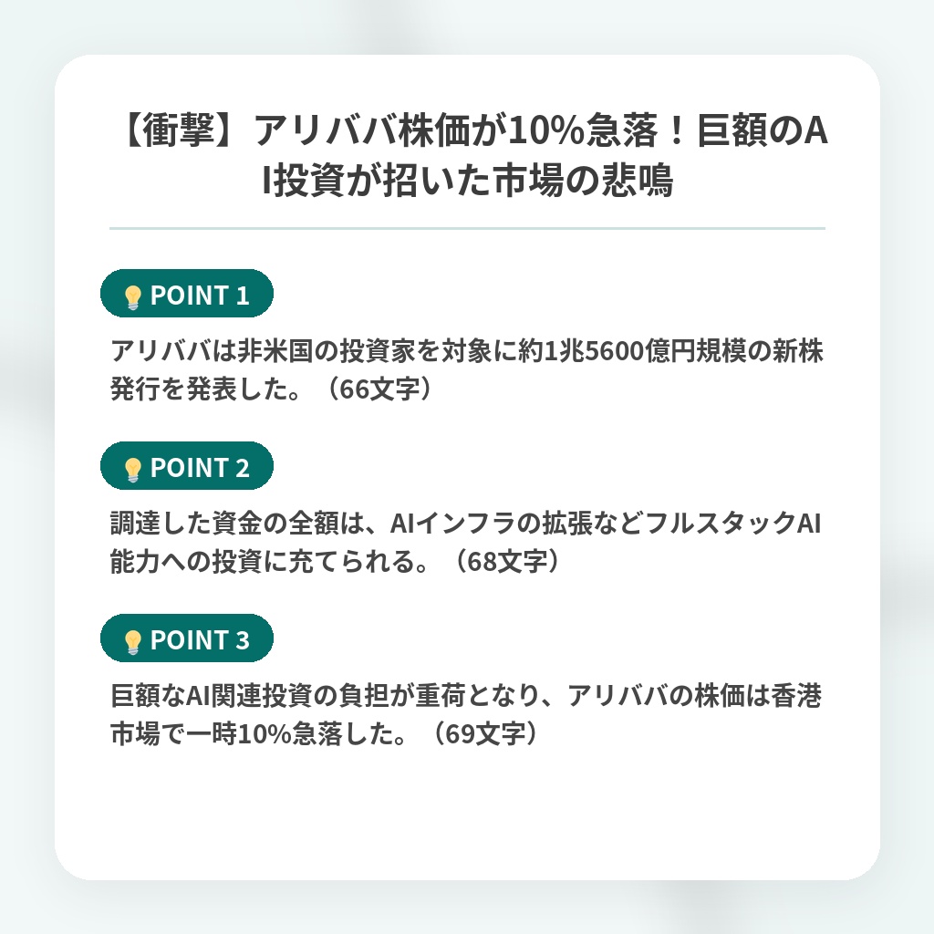 【衝撃】アリババ株価が10%急落!巨額のAI投資が招いた市場の悲鳴の注目ポイントまとめ