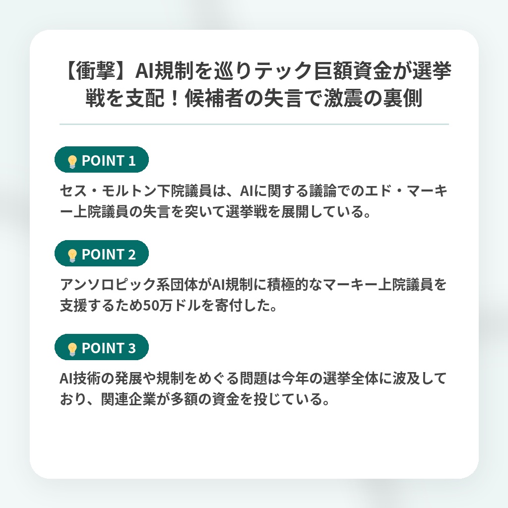 【衝撃】AI規制を巡りテック巨額資金が選挙戦を支配！候補者の失言で激震の裏側の注目ポイントまとめ